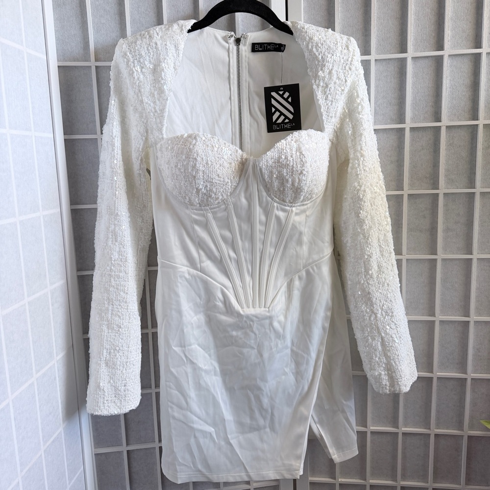 White Sequin Long Sleeve Dress